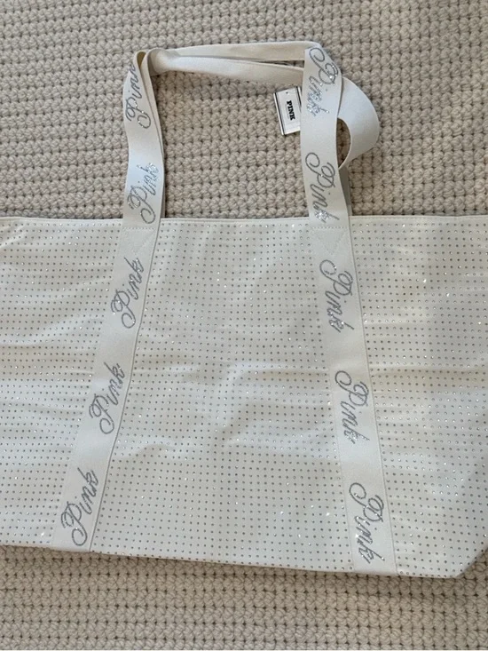 PINK Victoria's Secret Ivory Tote with Crystal Logo Straps - Picture 1 of 9